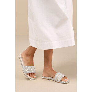 Lulus Capricia Ivory Pearl Rhinestone Slide Sandals White - Size 7.5